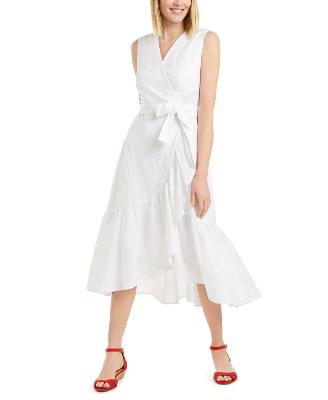 Charter Club Women's Cotton Eyelet Flounce Wrap Dress 16 Bright White