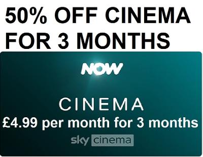 NOW TV MOVIES CINEMA 3 MONTHS 50% DISCOUNT HALF PRICE PASS - EMAIL DELIVERY