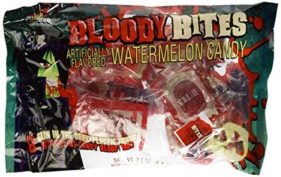 Bloody Bites Oozing Candy Blood Bags with Glow in the Dark Fangs Watermellon Flavor   1 Bag of 8 Packs