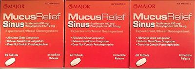 MAJOR Mucus Relief Sinus Congestion Tablets 60 ea (Pack of 3)