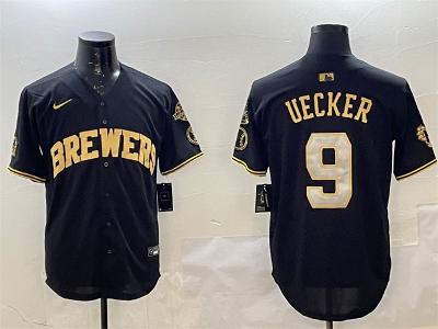 Men's Milwaukee Brewers #9 Bob Uecker Black Gold With Home Patch Baseball Jersey