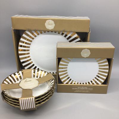 12pc Ciroa Luxe Metallic Gold Stripe Dinner Side Plate Bowl Set 4 Holiday New