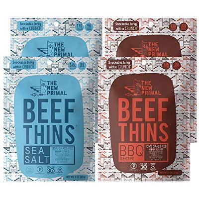 The New Primal Beef Thins, Thinly Sliced, Grass-Fed Beef Jerky, 4 Count Variety