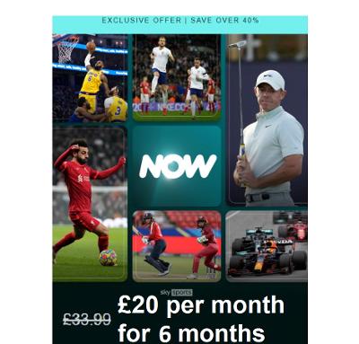 NOW TV 6 MONTH SKY SPORTS 40% DISCOUNT NOWTV CODE EMAILED