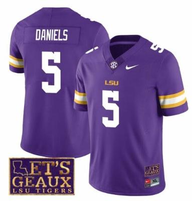Lsu Tigers Jayden Daniels Jersey #5 College Football Lets Geaux Patch Purple