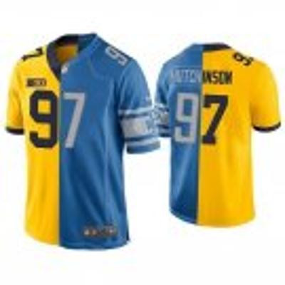 Men Detroit Lions #97 Aidan Hutchinson Yellow Blue Split Stitched Game Jersey