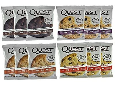Quest Protein Cookie,Variety Sampler Pack, Includes Peanut Butter, Chocolate Chip, Double Chocolate Chip, Oatmeal Raisin, (12)