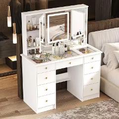 Elegant White Makeup Vanity Desk with 9 Drawers and LED Lighting