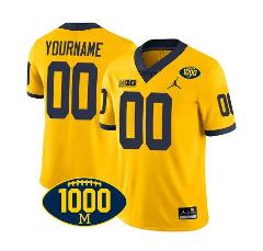 Custom Michigan Wolverines Jersey 1000 Wins Patch Football Yellow